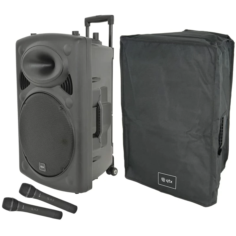 QTX | New Rechargeable Battery 15" Portable PA Speaker System 500W | Complete With Bluetooth Connectivity, 2 x Wireless Mics & 127.080UK QR15COVER Black Protective Slip-On Cover