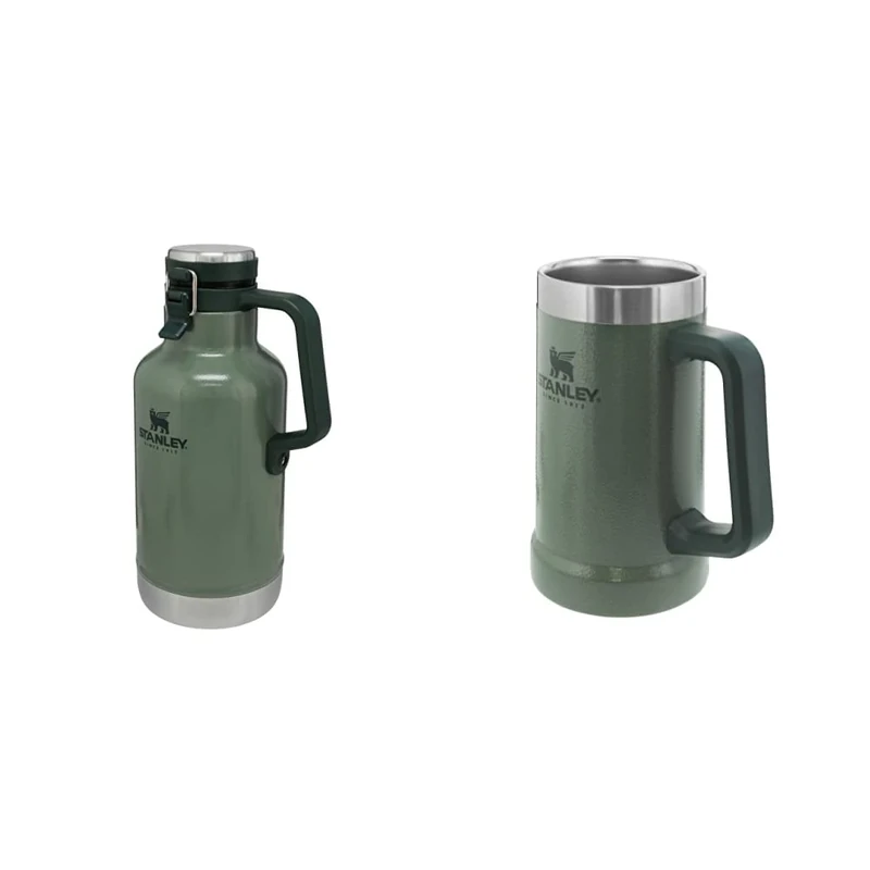 Stanley Classic Easy-Pour Growler 1.9L Hammertone Green – Insulated Growler & Adventure Vacuum Beer Stein 0.7L Hammertone Green – Travel Mug Keeps Beer Cold for 7 Hours
