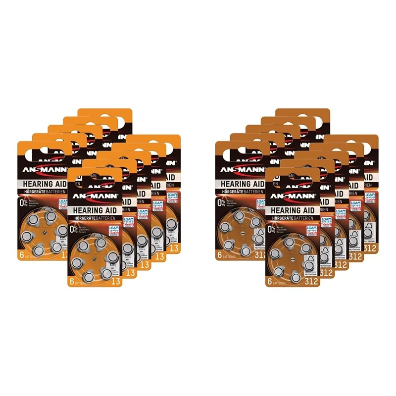 ANSMANN Hearing Aid Batteries [Pack of 60 Cells] Size 13 Orange Zinc Air Hearing-Aid, Hearing Aids Sound Amplifier - 1.45V Mercury Free & Hearing Aid Batteries [Pack of 60] Size 312 Brown