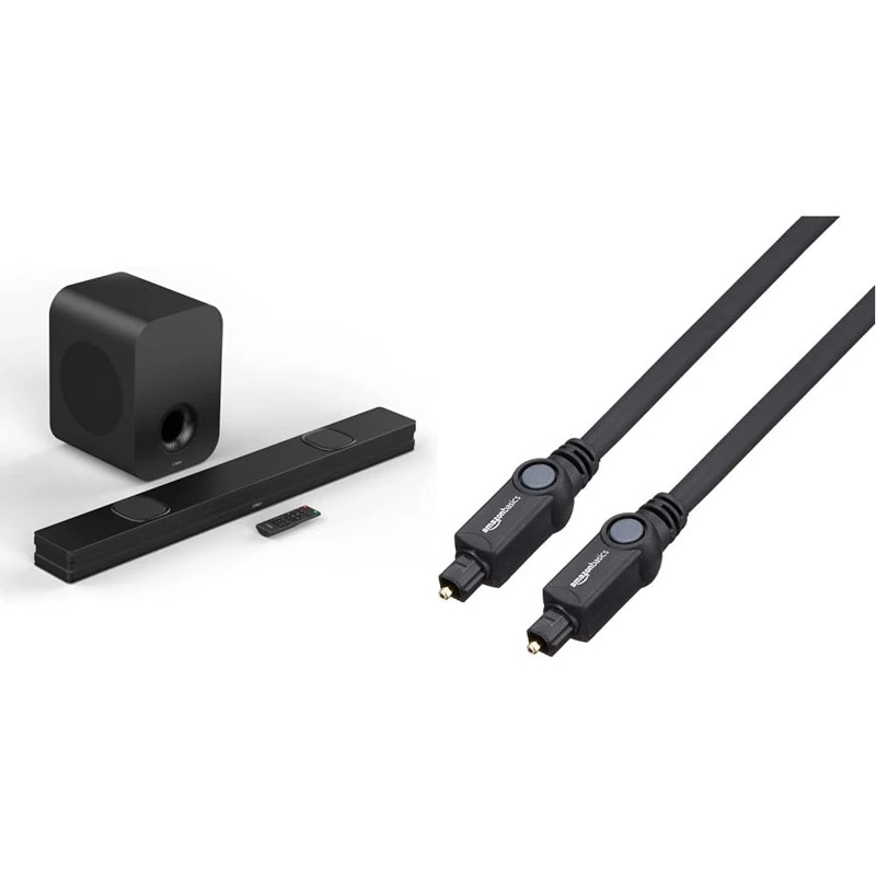 i-box 150W Soundbar with Wireless Subwoofer, Resonate TV Soundbar System with 3D Surround Sound, Bluetooth 5.0, HDMI, Optical Input & Amazon Basics Digital Optical Audio Toslink Cable