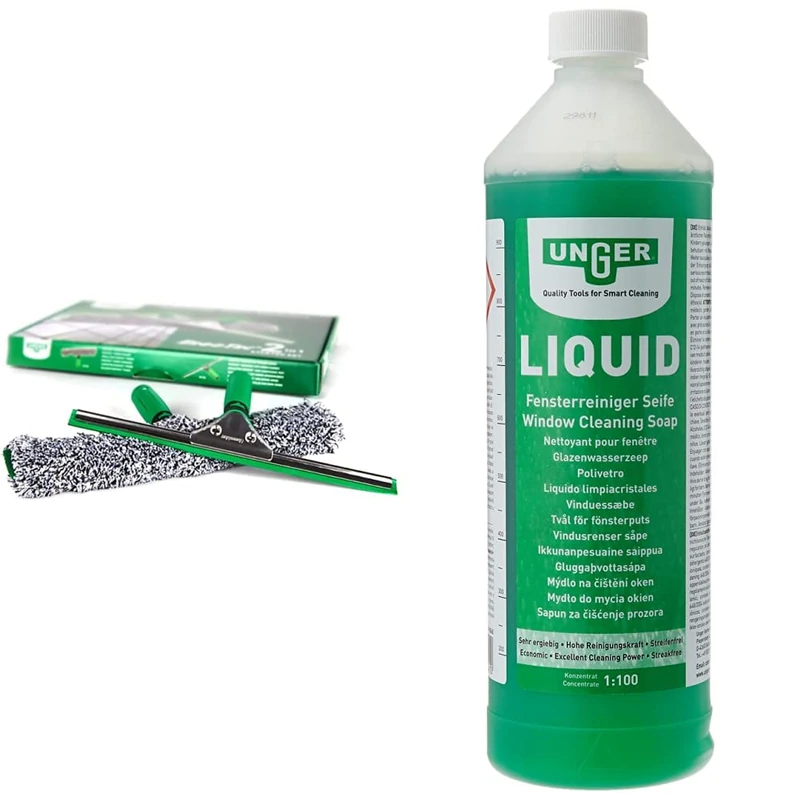 UNGER ErgoTec 2-in1 Window Cleaner Starter Kit - Squeegee & Microfibre Power Washer Sleeve & UNGER FR100 Window Cleaning Liquid Soap - Smear Free Window Glass Cleaner 1L