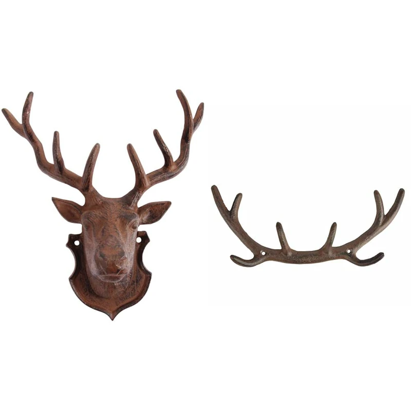 Esschert Design DB44 Wall Décor Deer, ant. Brown, 9.3 in*8.5 in*3.5 in & Rustic Cast Iron Antler Hooks DB76