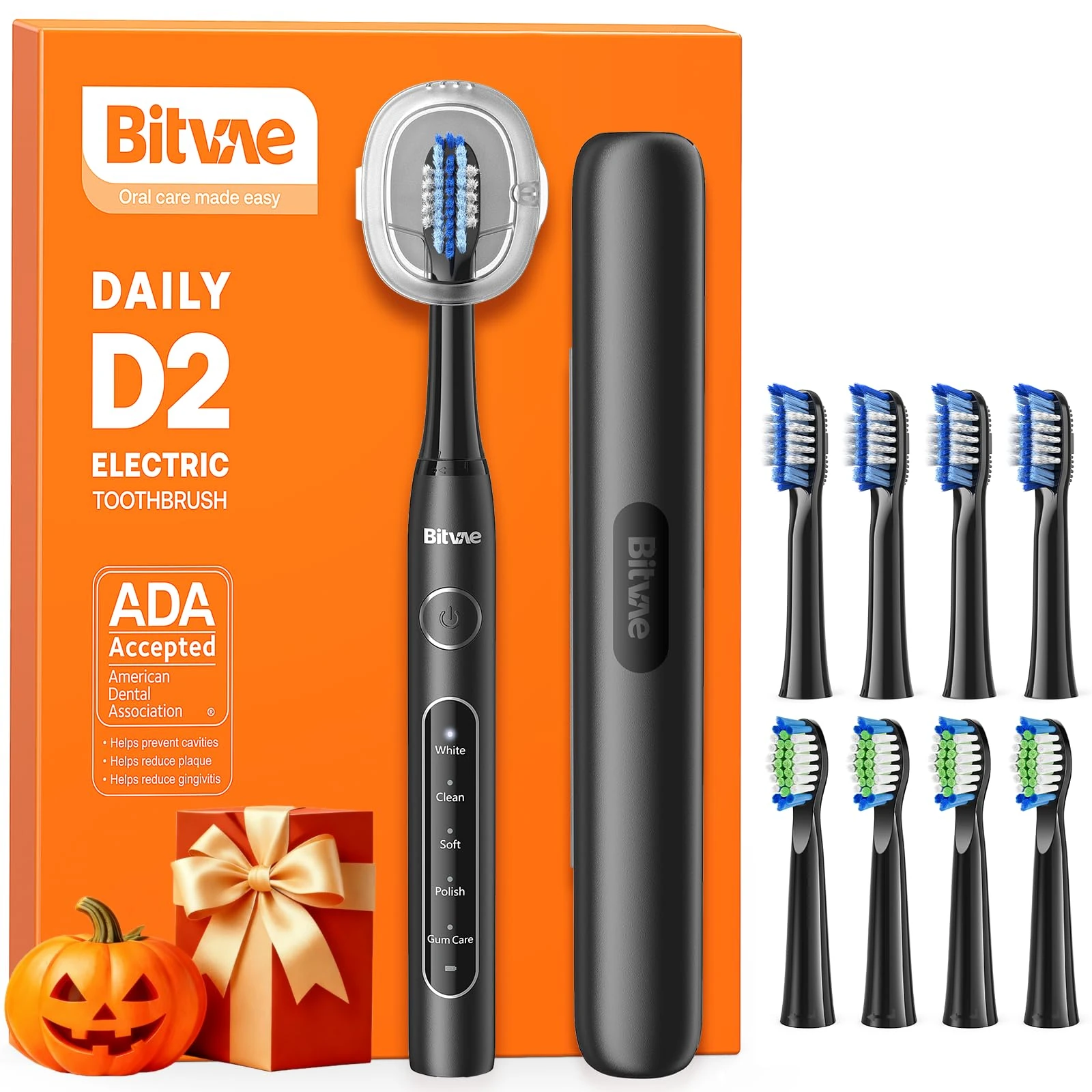 Bitvae D2 Ultrasonic Electric Toothbrush for Adults and Kids, Electric Toothbrush with Rechargeable Power, 8 Toothbrush Heads and 5 Modes, Black