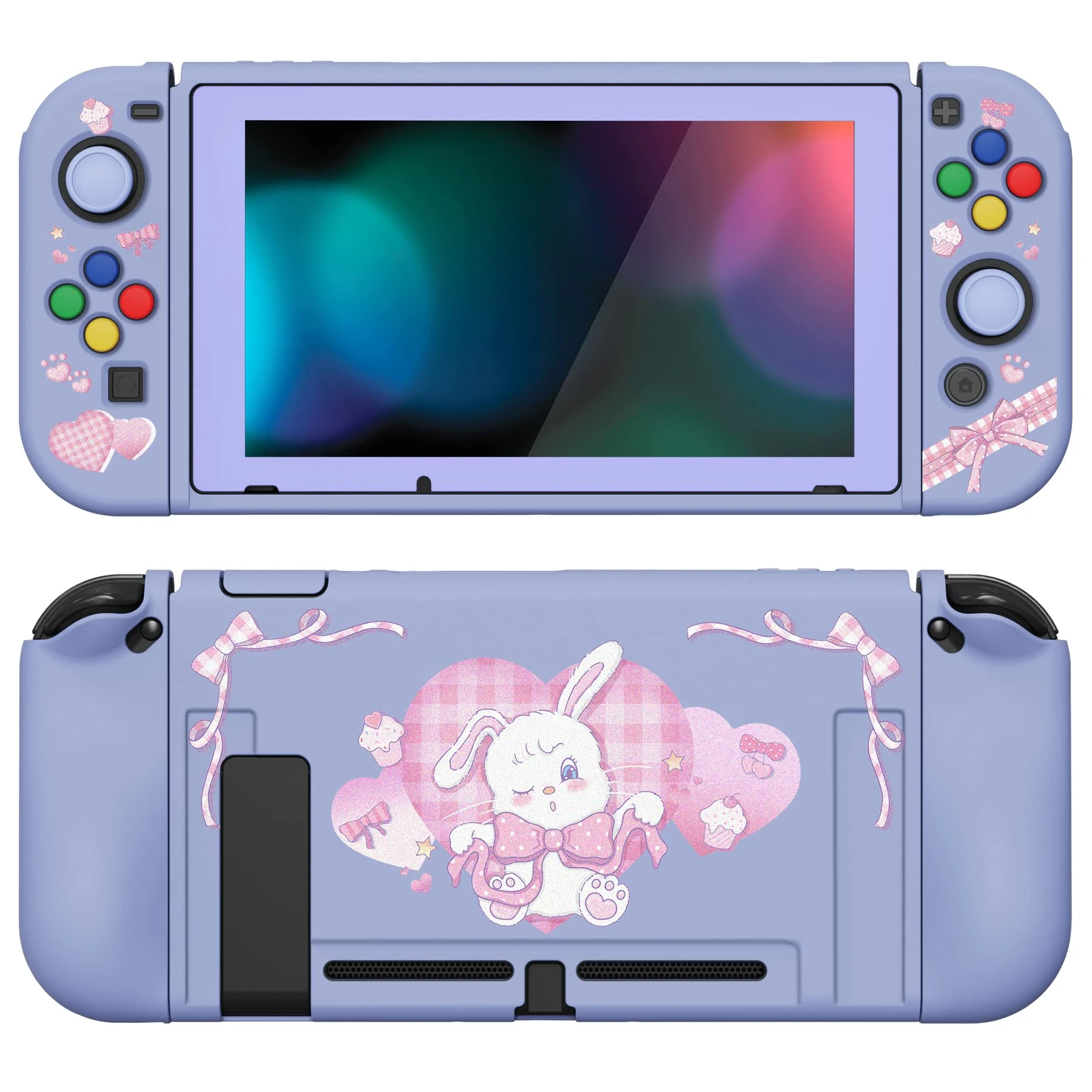 playvital ZealProtect Soft Protective Case for Nintendo Switch, Flexible Cover for Switch with Tempered Glass Screen Protector & Thumb Grip Caps & ABXY Direction Button Caps - Lovely Bunny