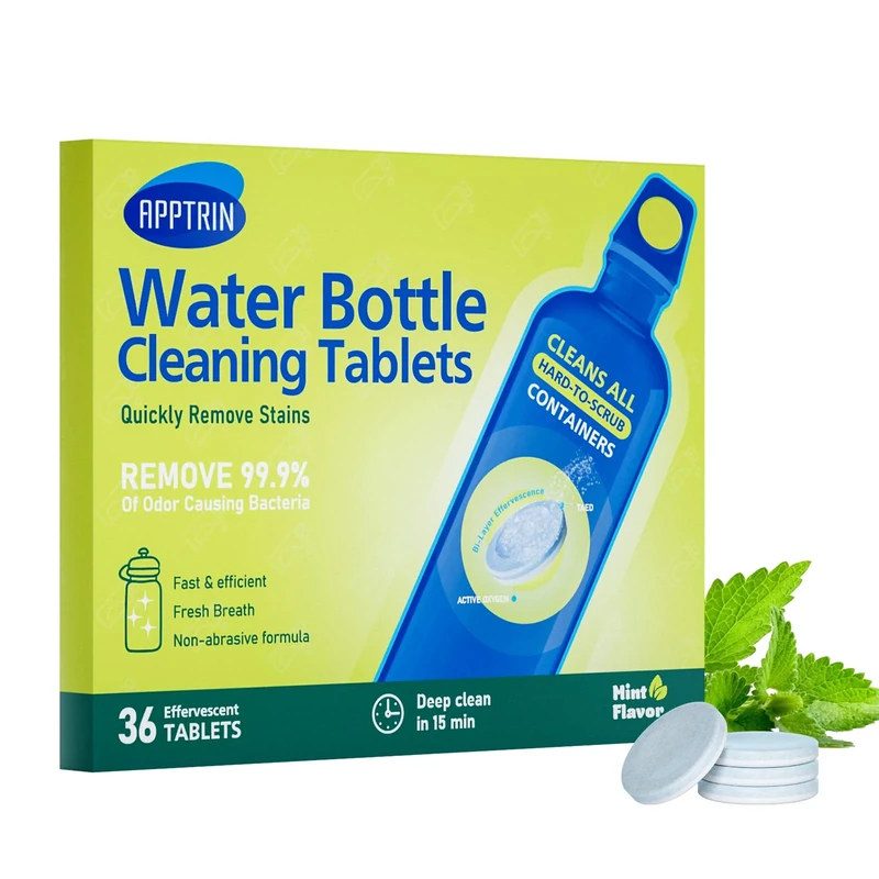 APPTRIN Water Bottle Cleaning Tablets, Bottle Clean Tablet Pack of 36, Cleansing Tablets for All Plastics and Glass Drinking Containers,Individually Packed,Mint