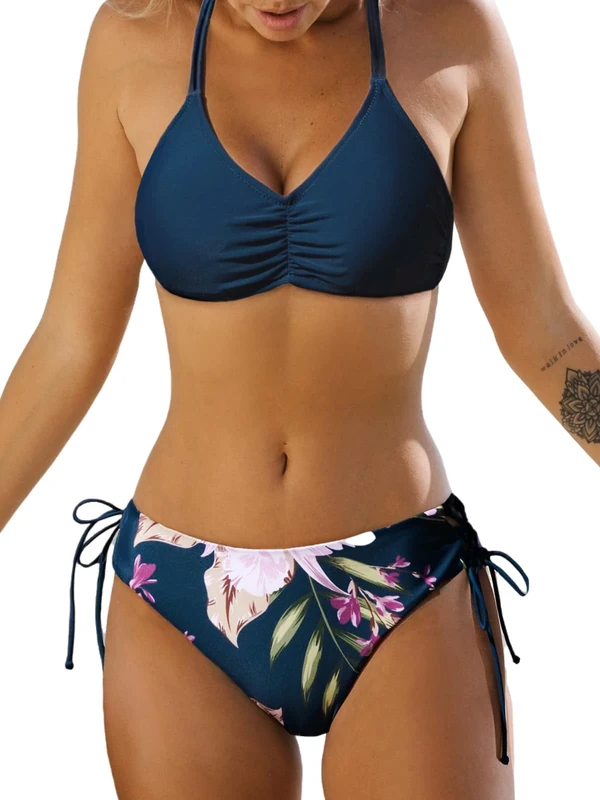 CUPSHE Women's Bikini Set Back Braided Straps Lace Up Bikini Reversible Bottom Two Piece Swimwear Bathing Suits Navy Blue/Flower S