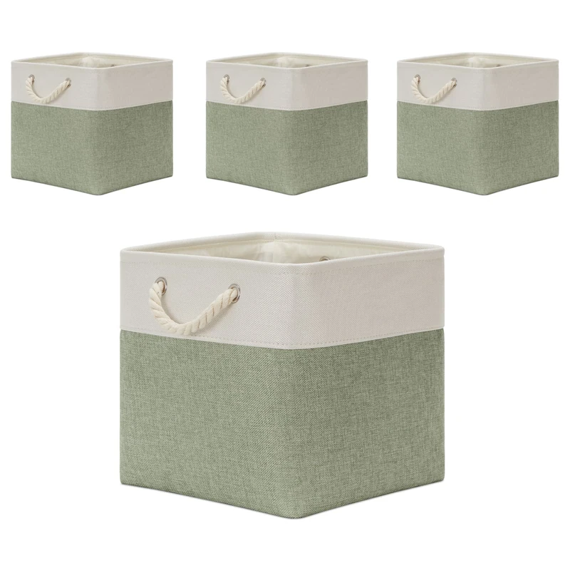Temary Cube Storage Bins 13x13, 4 Pack Large Bins with Handles; Decorative Storage Baskets for Home (White & Green)