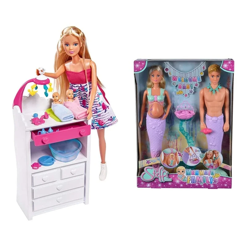 Simba 105733524 Steffi Love Mermaid Family, doll as pregnant mermaid with Kevin as a merman, with baby bed, 29 cm dress-up dolls, toy dolls, for children from 3 years & Steffi Love Welcome Twins