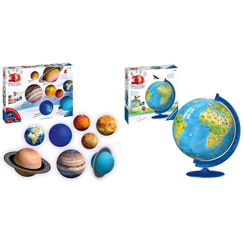 Ravensburger Planetary Solar System 3D Globe Jigsaw Puzzle Set for Kids Age 6 Years Up - Space & Planets - No Glue Required & Children’s World Globe 3D Jigsaw Puzzle
