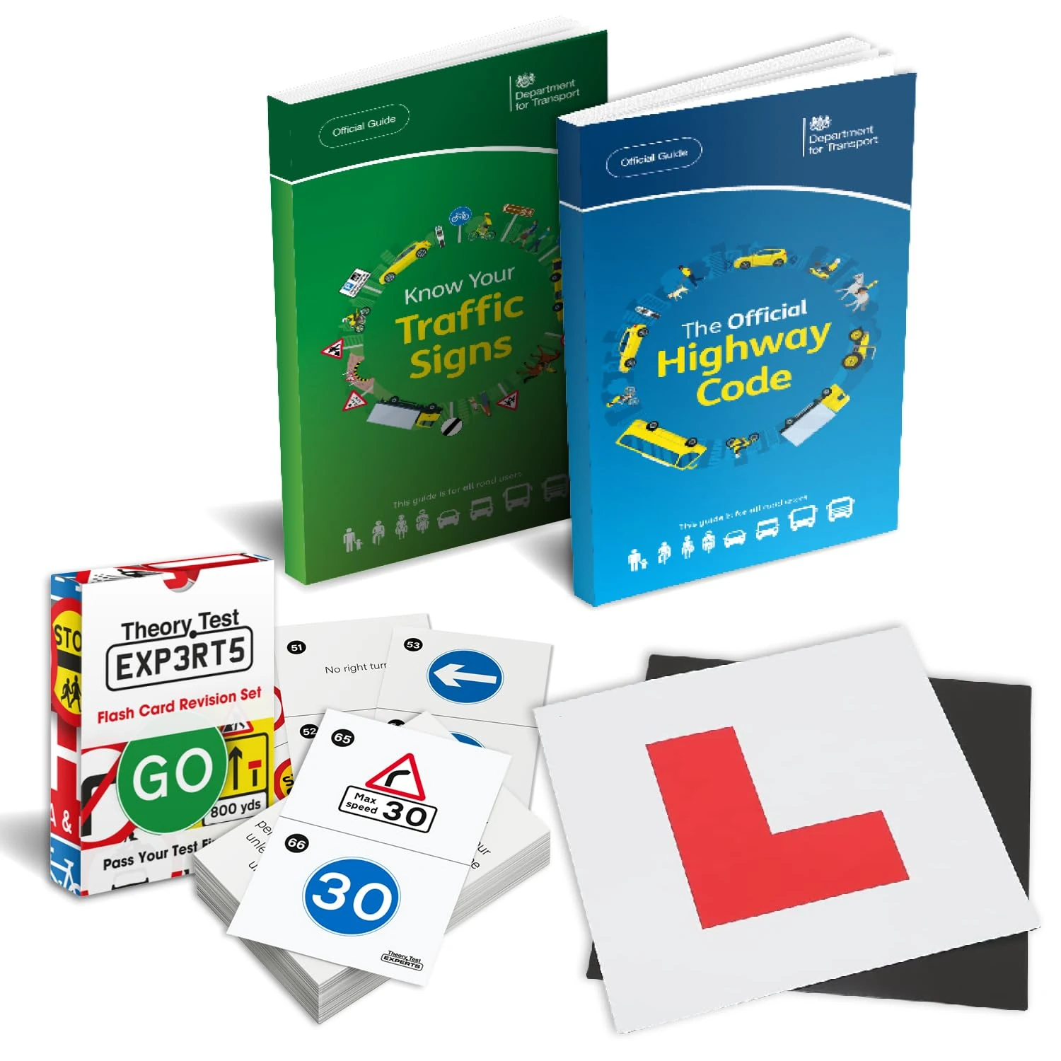 The Highway Code 2025 UK + Know Your Traffic Signs 2025 UK + 128 Road Signs Flash Cards 2025 UK + 2 x Magnetic L Plates - Driving Instructor Approved - Driving Test Gifts For Boys & Girls 16-18 Years