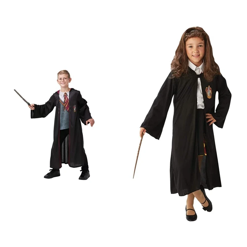 Rubie's Official Harry Potter Gryffindor Deluxe Robe Costume & Official Harry Potter Hermione Granger Gryffindor Costume Set, with Robe, Wig and Wand, One Size Approx Age 4-8 Years, Black