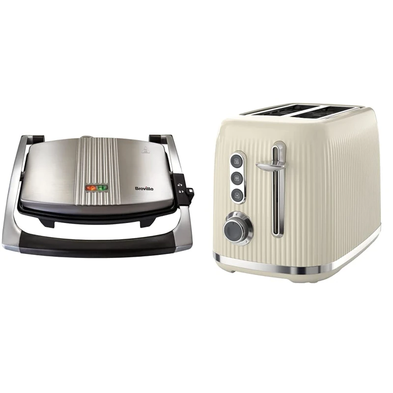 Breville Sandwich/Panini Press & Toastie Maker | 3-Slice | [VST025] & Bold Vanilla Cream 2-Slice Toaster with High-Lift and Wide Slots | Cream and Silver Chrome [VTR003]