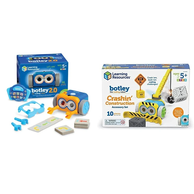 Learning Resources LER2941 Botley 2.0 Award-Winning, Remote Control Robot, Sequence of Up to 150 Steps and Discover 16 Fun Interactions & LER2939 Botley Crashin’ Construction Accessory Set