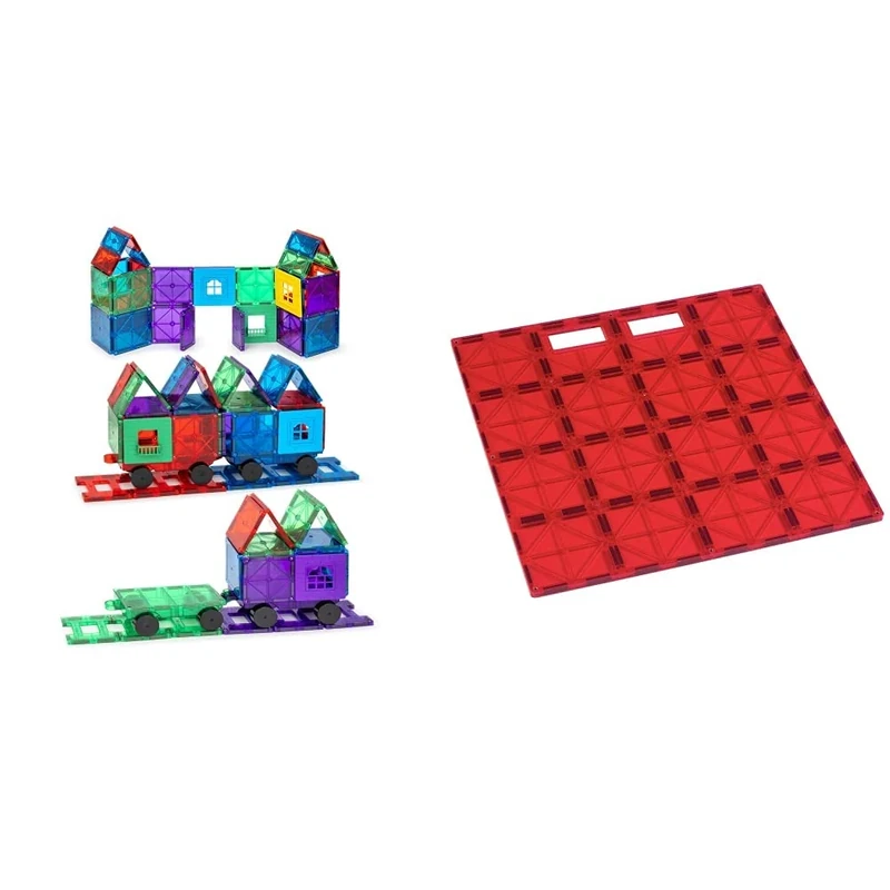 Playmags 50 Piece Accessory Set for Kids with Strong Magnets - STEM Toys, Sturdy, Super Durable Magnetic Tiles with Vivid Clear Color Tiles with 4 Cars & Super Durable Building Stabilizer Tile