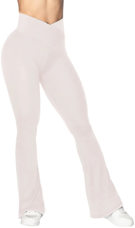 Sunzel Flare Leggings, Crossover Yoga Pants with Tummy Control, High-Waisted and Wide Leg, Beige, S