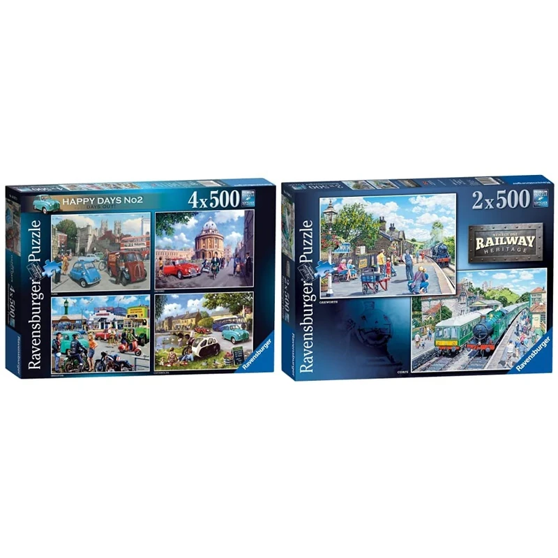 Ravensburger Happy Days Collection No.2 Days Out 4x 500 Piece Jigsaw Puzzle & Railway Heritage No.1 - Corfe Train Station & Oakworth Station 2x 500 Piece Jigsaw Puzzles for Adults and Kids