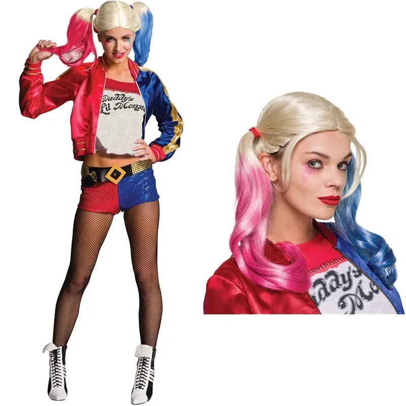 Rubie's Official Harley Quinn Ladies Fancy Dress Halloween Suicide Squad Womens Villain Costume, Large (14-16) & Harley Quinn adult perruque