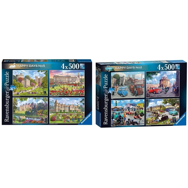 Ravensburger Happy Days Royal Residences 4X 500 Piece Jigsaw Puzzle & Happy Days Collection No.2 Days Out 4x 500 Piece Jigsaw Puzzle for Adults and Kids Age 10 Years and Up