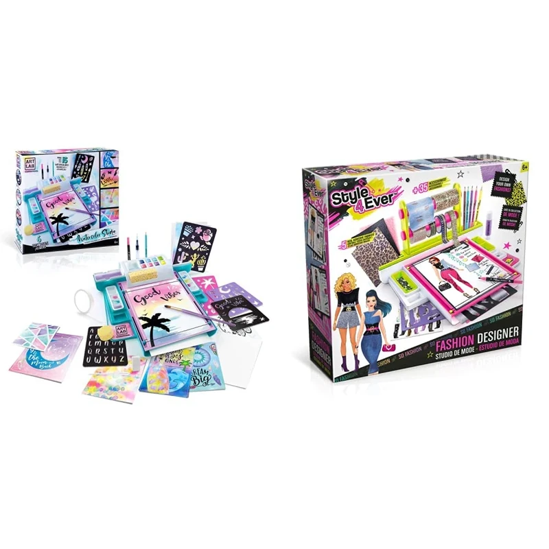 Art Lab Watercolour Studio, All-in-One Studio, 8 Paints, 15 Watercolour Sheets & Style 4 Ever OFG 232 Fashion Designer Studio, Real Adhesive Fabrics, Design from Scratch, Stickers, Gems, Pencils