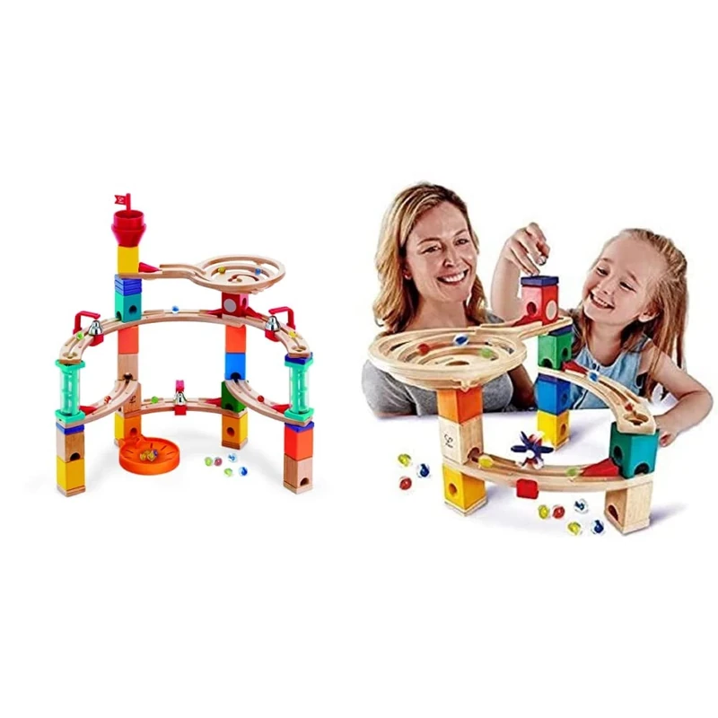 Hape Castle Escape | Quadrilla Whirlpool Wooden Marble Run Construction System & E6021 Quadrilla Race to the Finish, Wooden Marble Run - 58 pieces, Educational Construction Toys