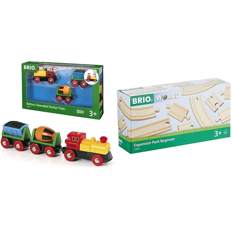 BRIO World Battery Operated Action Train for Kids Age 3 Years Up & World Expansion Pack - Beginner Wooden Train Track for Kids Age 3 Years Up - Compatible with all Railway Sets & Accessories