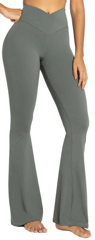 Sunzel Flare Leggings, Crossover Yoga Pants with Tummy Control, High-Waisted and Wide Leg, Grey, Large