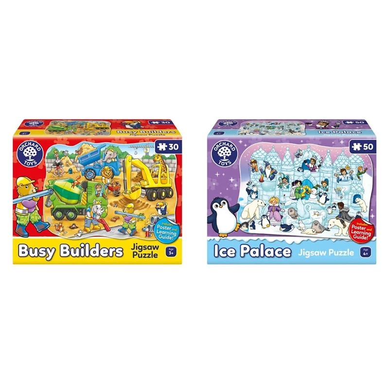 Orchard Toys 2 x 30 & 50-Piece Shaped Jigsaw Puzzles, Busy Builders & Ice Palace, Ages 4+