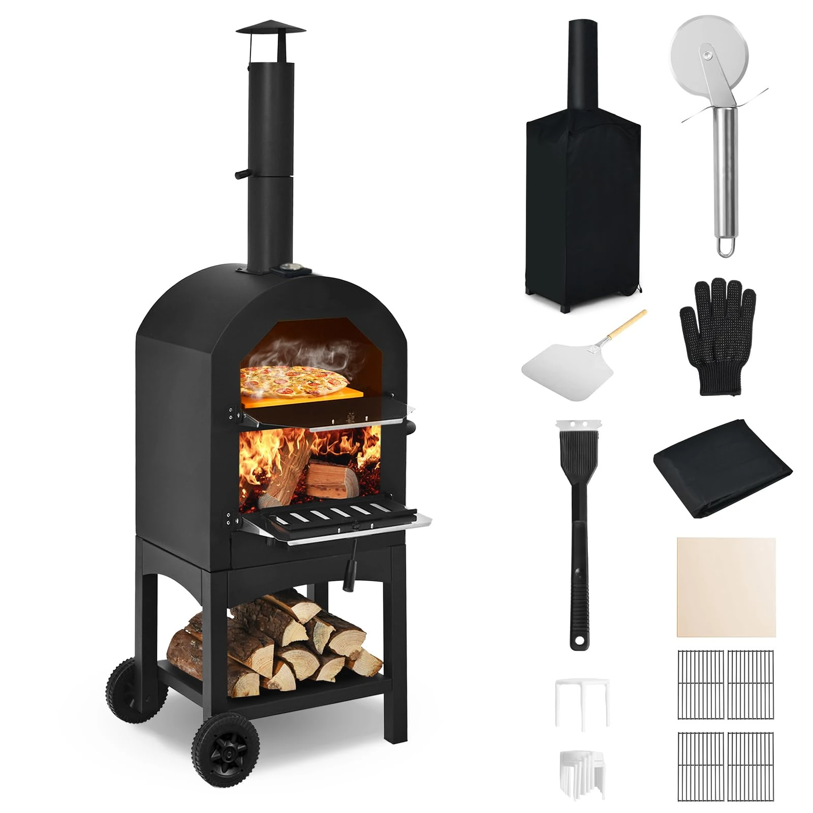 Happygrill Outdoor Pizza Oven Wood Fired, Portable Pizza Maker Grill w/Stone, Peel, Cooking Grids, Built-in Thermometer, Waterproof Cover, Wheels for Barbecue Backyard Camping