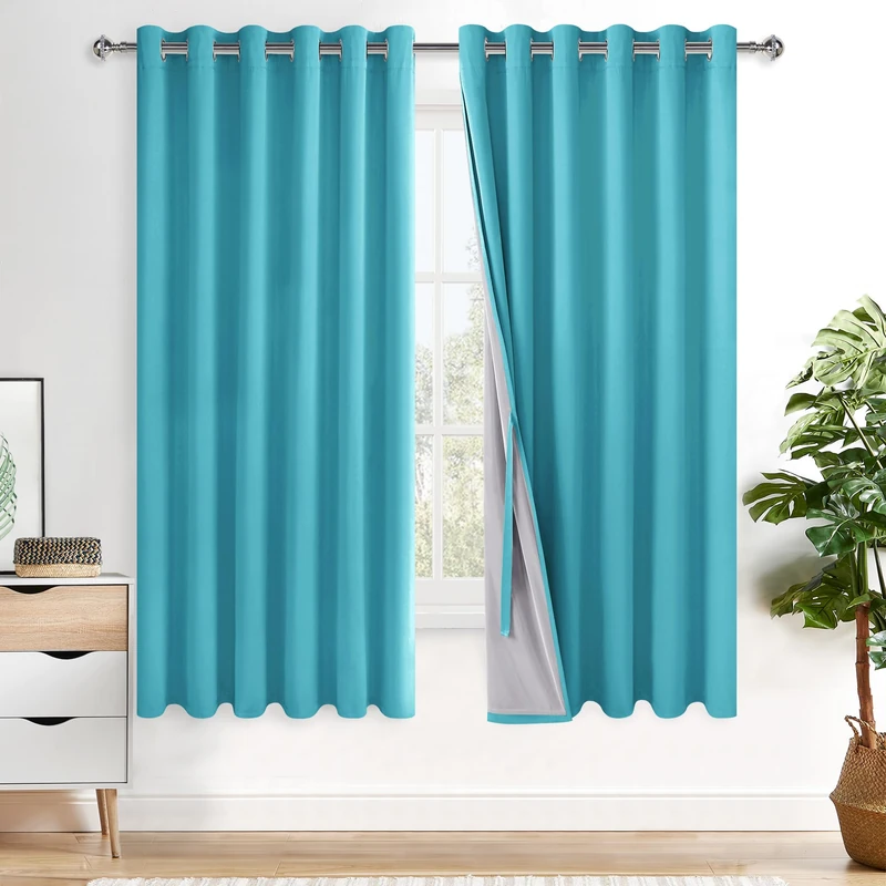 XWZO 100% Blackout Curtains 63 Inches Long with Tiebacks- Completely Shaded & Energy Saving Large Window Panels with Black Liner for Living Room/Bedroom, Turquoise, W70 x L63, Set of 2
