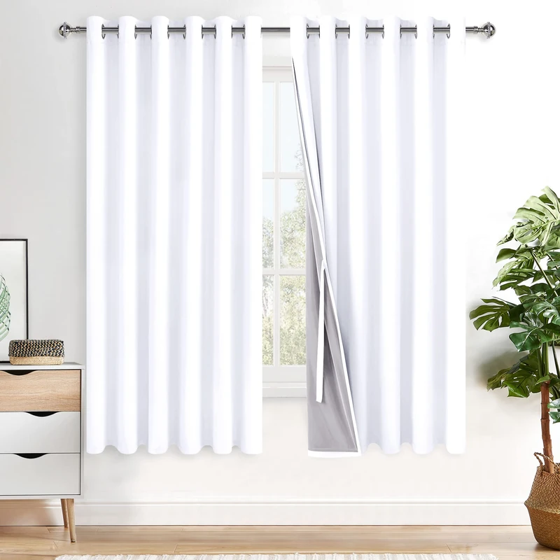 XWZO Full Blackout Curtain - Thermal Insulated Black Liner Curtains, Noise Reducing and Heat Blocking Drapes for Hall and Studio Large Windows with Tiebacks, White, W70 x L63, Set of 2