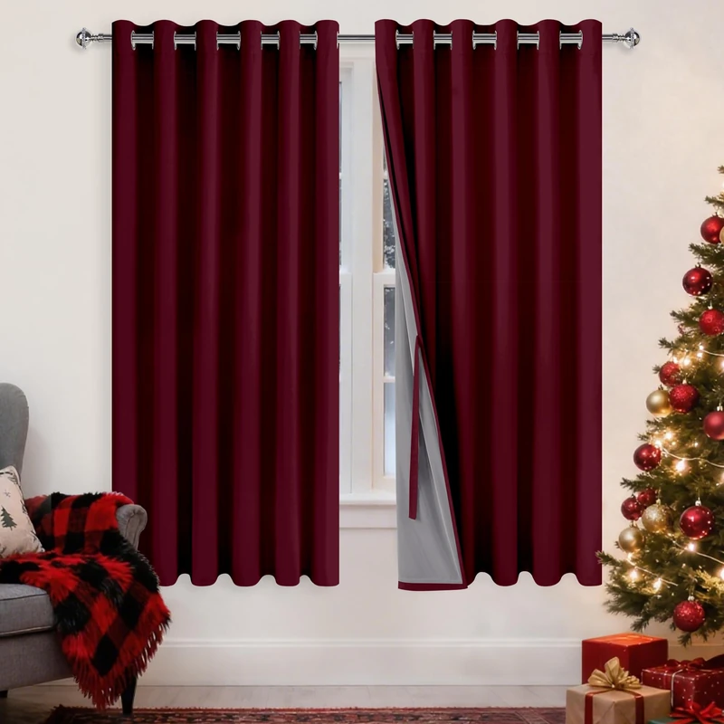 XWZO 100% Blackout Curtains with Tiebacks- 2 Thick Layers Completely Shaded Window Treatment Thermal Insulated Lined Drapes with Grommets for Bedroom/Party, Burgundy, W70 x L63, Set of 2 Panels
