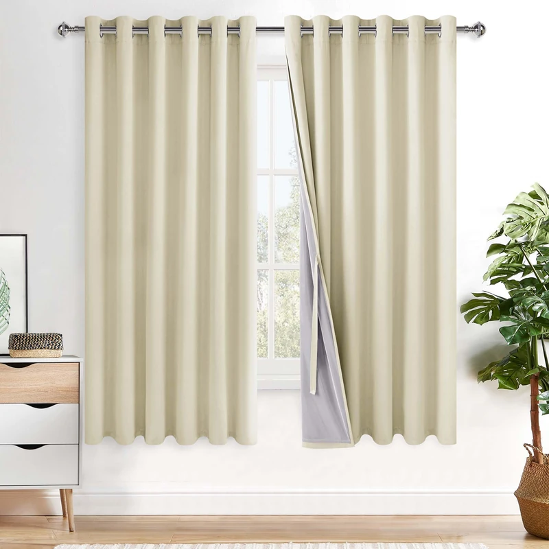 XWZO 100% Blackout Curtains with Tiebacks- Heat and Full Light Blocking Window Panels with Grommets & Thermal Insulated Draperies for Large Window, Light Beige, W70 x L63, Set of 2