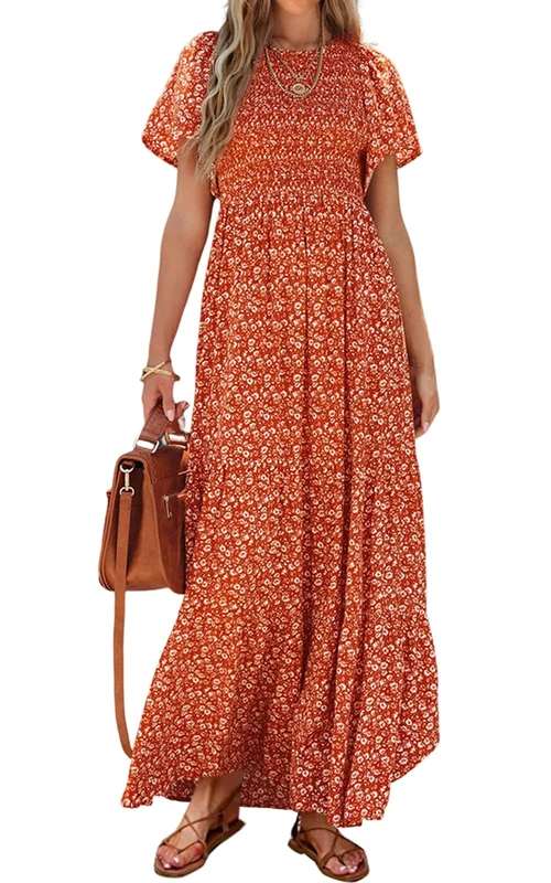 PRETTYGARDEN Women's Summer Casual Flutter Short Sleeve Boho Floral Maxi Dress Crew Neck Smocked Tiered Long Dresses, Orange, S