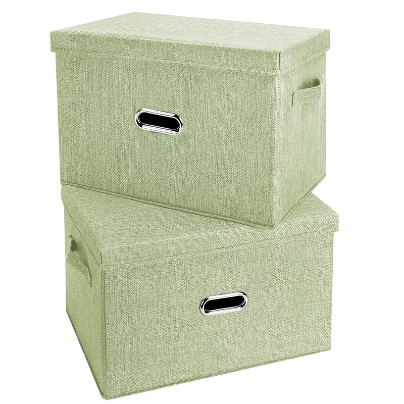 Valease Large Linen Fabric Foldable Storage Bins with Removable Lid and Handles, Washable Storage Box Organizer Containers Baskets Cube with Cover for Bedroom,Nursery (Green, Extra Large(2-Pack))
