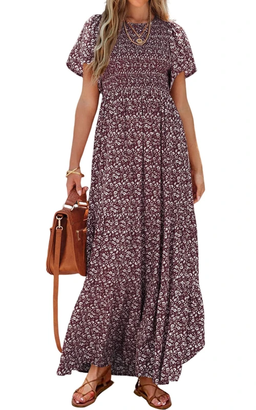 PRETTYGARDEN Women's 2024 Summer Casual Flutter Short Sleeve Boho Floral Maxi Dress Crew Neck Smocked Tiered Long Dresses, Wine Red, M - Image 1