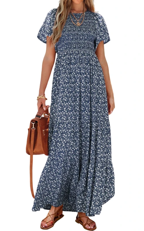PRETTYGARDEN Women's 2025 Summer Casual Flutter Short Sleeve Boho Floral Maxi Dress Crew Neck Smocked Tiered Long Dresses, Navy, M