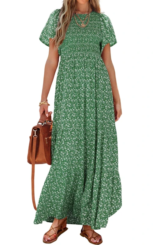 PRETTYGARDEN Women's Summer Casual Flutter Short Sleeve Boho Floral Maxi Dress Crew Neck Smocked Tiered Long Dresses, Green, XL