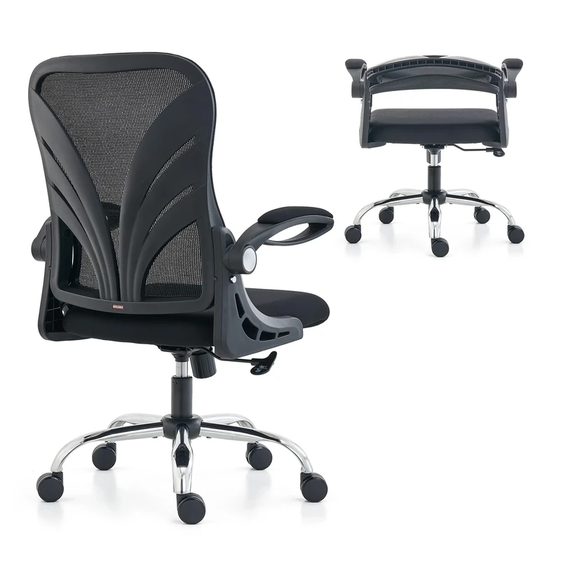 HOLLUDLE Ergonomic Office Chair with Foldable Backrest, Computer Desk Chair with Flip-up Armrests, Mesh Lumbar Support and Tilt Function Big and Tall Office Chair, Black