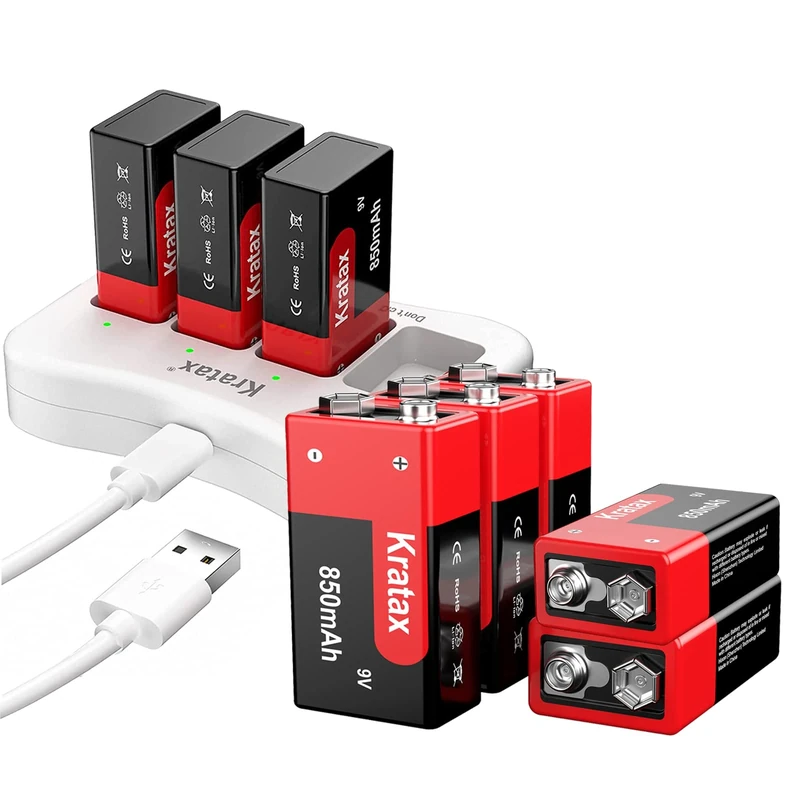 Kratax 9V Rechargeable Li-ion Battery -850mAh,8-Pack PP3 9 Volt Block Batteries with Charger,High Performance 6f22 Square for Smoke Detectors, Remote Control Car[8batteries+1Charger]