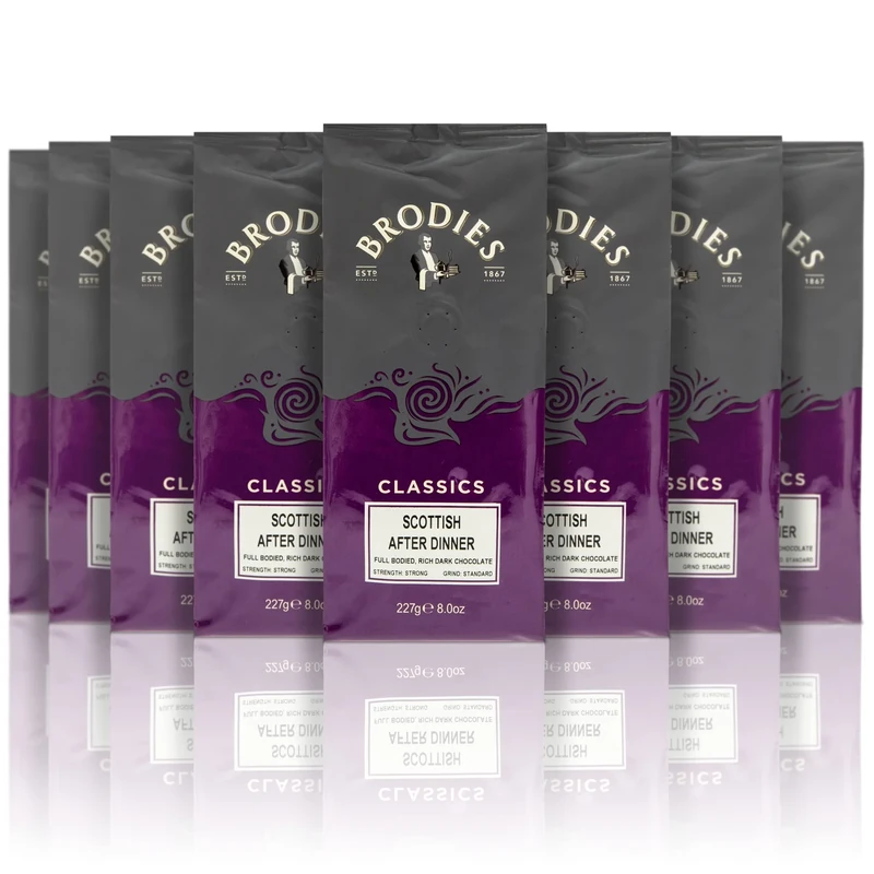 Brodies Classics Artisan Ground Coffee - Scottish After Dinner 100% Arabica full Bodied, rich dark Chocolate, strong Strength, standard Grind, Hand roasted (8 Pack of 227 g)