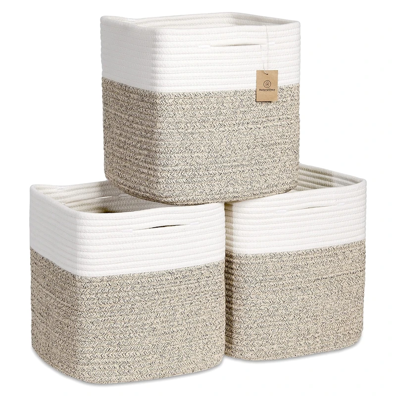 NaturalCozy Storage Cubes 11 Inch Cotton Rope Woven Baskets for Organizing 3-Pack | Cube Storage Bin, Square Storage Baskets for Shelves Organizer, Classroom Kids Toy Bins, Closet, Baby Nursery