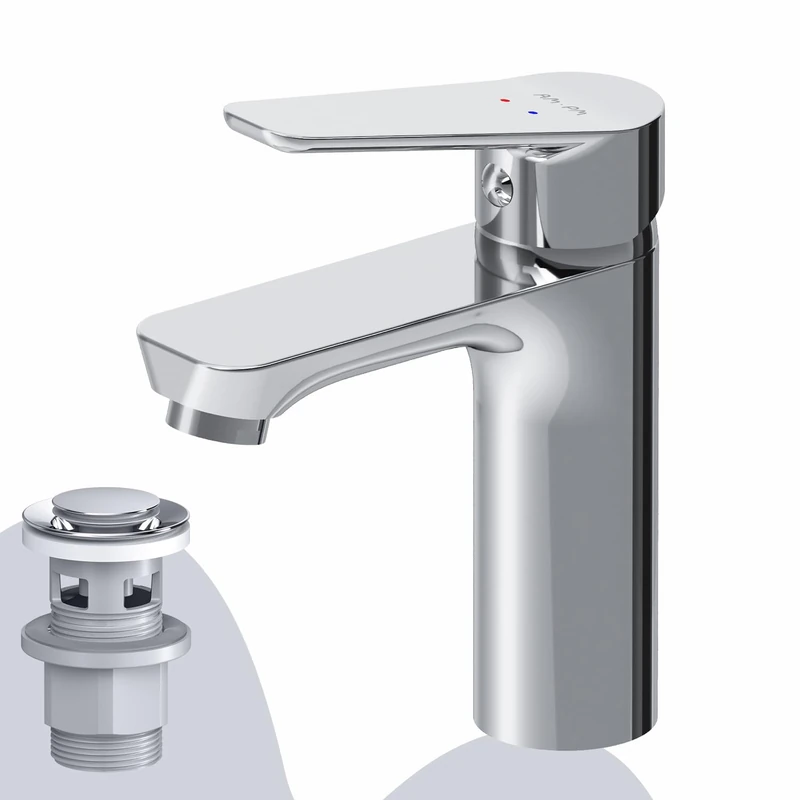 AM.PM Hit FTA82200 Single Lever Basin Faucet, Scratch-Resistant Faucet, Sink Faucet, Easy to Install, Easy to Clean, Spout Height 102 mm, with Click Waste Set, Chrome