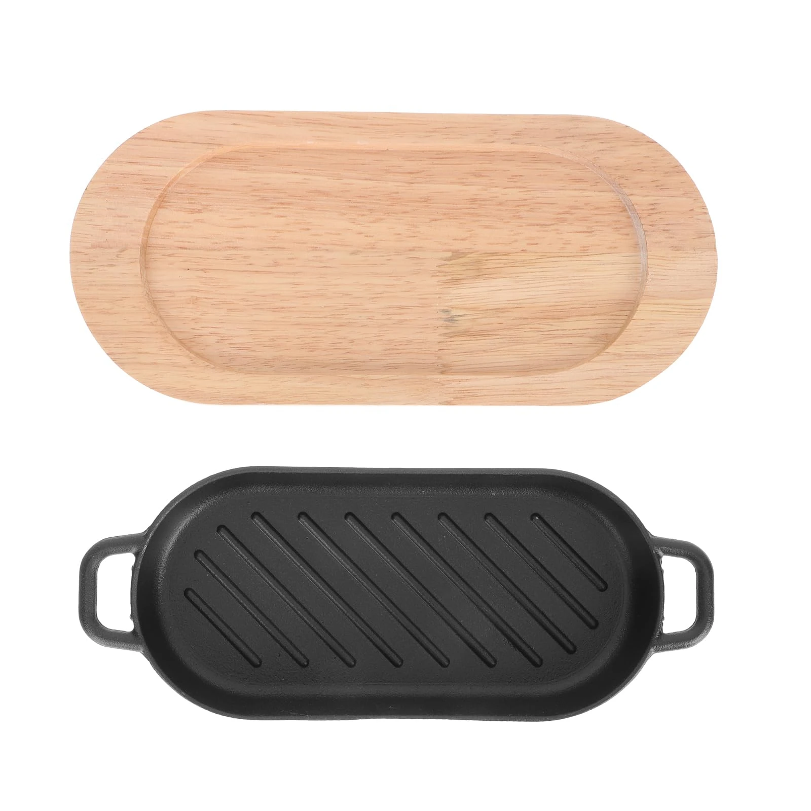 Cabilock 1 Set Steak Plate Cast Iron Pan Set Grill Pan Sizzler Plate Set, with Wooden Trivets Fajita Serving Plate, Sizzling Steak Platter for BBQ Seafood Fried Dish