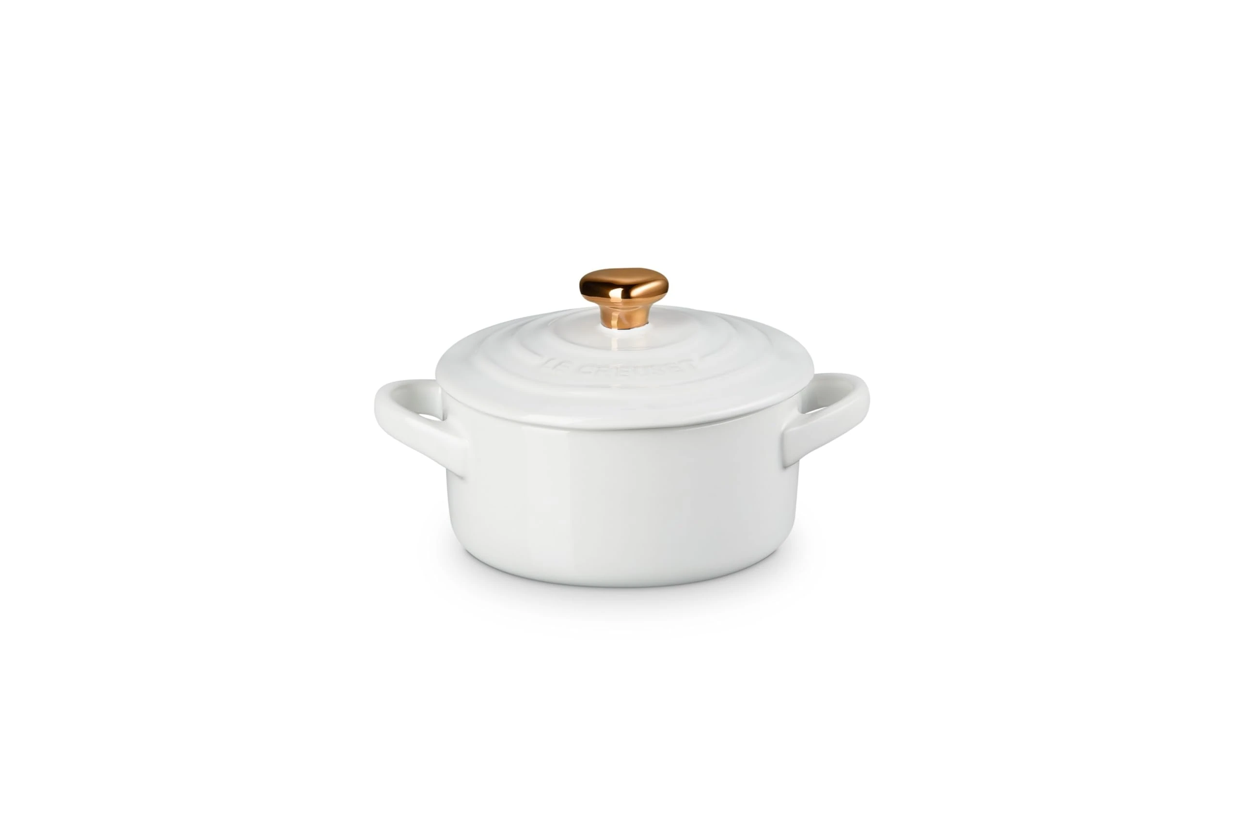Le Creuset Figural Hearts Collection Stoneware Mini Round Cocotte, 8oz., White with Gold Heart Knob