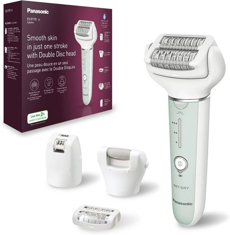Panasonic ES-EY70-G503 Wet and Dry Epilator, Double Disc with 60 Tweezers, Flexible Head 90° Swivoting, 3 Speed Settings and LED Light, 30 Minutes Operation, Cordless