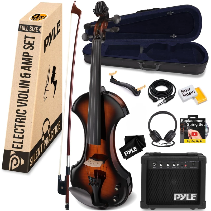 Pyle Electric Violin 4/4 Full Size Silent Fiddle Kit with Amplifier – Beginner Violin Set with Hard Case, Bow, Headphones, Digital Tuner & Ebony Fittings