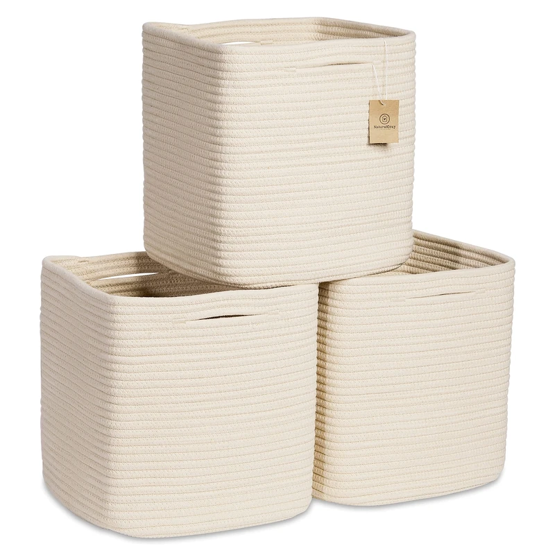 NaturalCozy Storage Cubes 11 Inch Cotton Rope Woven Baskets for Organizing, 3-Pack | Cube Storage Bin | Square Storage Baskets for Shelves Organizer, Classroom, Kids Toy Bins, Closet, Baby Nursery - Image 1