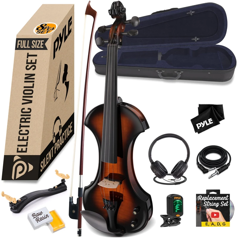 Pyle Full Size Electric Violin Kit, 4/4 Solid Wood Silent Fiddle with Hard Case, Extra String Set, Bow and Ebony Fittings for Students Beginners & Advanced