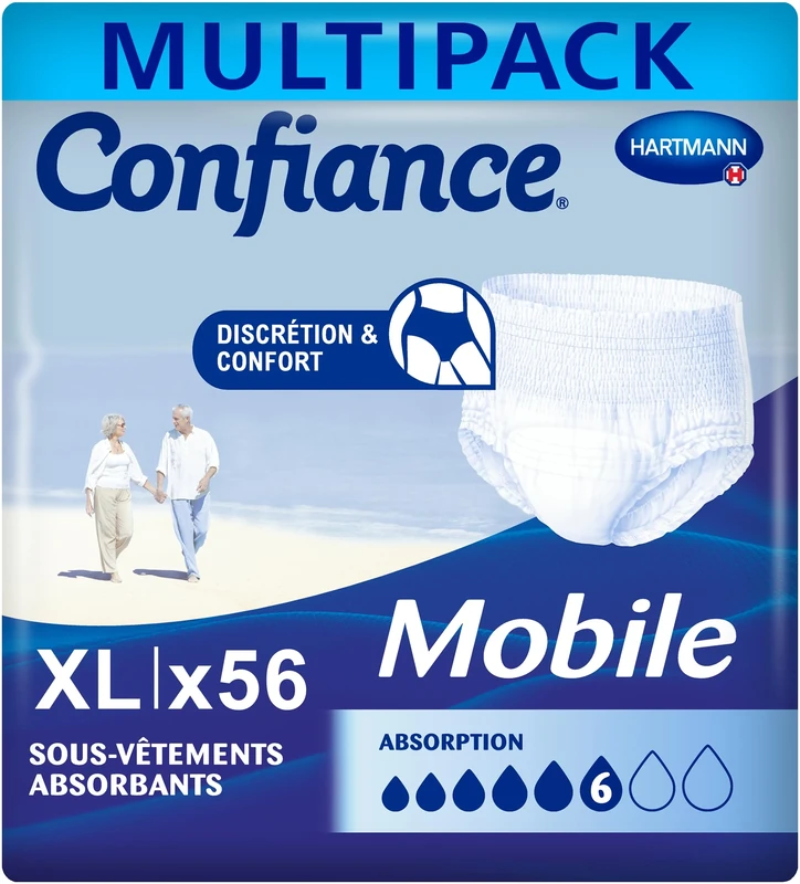 Confiance Mobile – Absorbent Briefs for Men and Women – Absorption Level = 6 Drops (Medium Urinary Leakage) – Discreet and Effective – pH Neutral to The Skin – Size XL – 4x14 Units