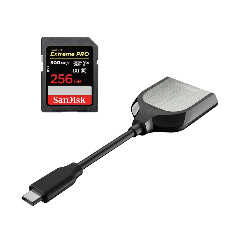SanDisk Extreme PRO 256GB UHS-II SDXC card with the SanDisk USB Type-C Reader for SD UHS-I and UHS-II Cards